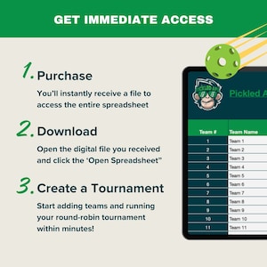 May include: A green and white graphic with the text "GET IMMEDIATE ACCESS" in large, bold, white letters.  The graphic shows three steps to create a tournament: 1. Purchase, 2. Download, and 3. Create a Tournament.  A screenshot of a mobile app shows a list of teams numbered 1 through 11.  The app has a green and white logo with the text "Pickled Ape" and a cartoon monkey.