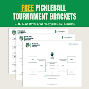以下が含まれることがあります： 8人、16人、32人のプレイヤー向けの印刷可能なピクルボールトーナメントブラケット。ブラケットは緑と白のカラーリングでデザインされており、ピクルボールのマスコットの漫画が描かれています。