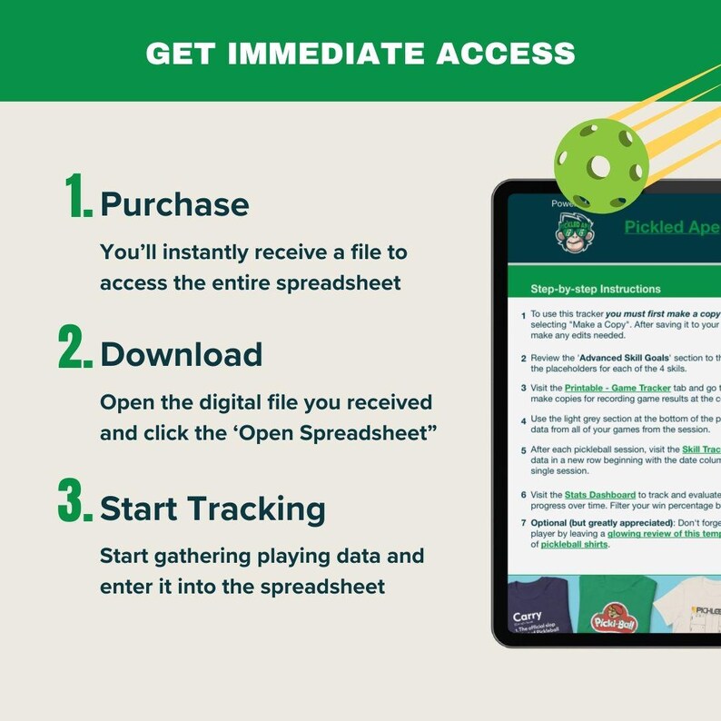 Puede incluir: Una tableta digital verde y blanca con un gr&aacute;fico de pala de pickleball verde y blanca en la pantalla. La pantalla muestra instrucciones para usar una hoja de c&aacute;lculo de seguimiento de pickleball. El texto en la pantalla dice "Instrucciones paso a paso" e incluye pasos numerados para usar la hoja de c&aacute;lculo. El texto en la tableta tambi&eacute;n incluye las palabras "Pickled Ape".