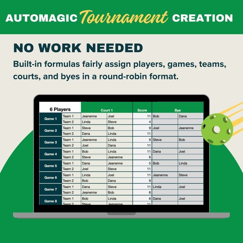 Ultimate Pickleball Tournament Spreadsheet, Player Tournament, 6 to 16 ...