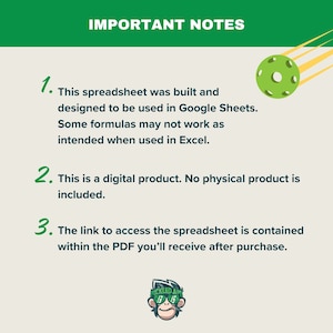 May include: Green and white illustration of important notes for a digital product. The notes state that the spreadsheet was built for Google Sheets and may not work in Excel. The product is digital and the link to access the spreadsheet is contained within the PDF.