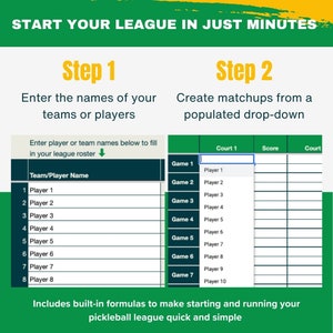 Pode incluir: Um gr&aacute;fico verde e amarelo mostrando as duas etapas para iniciar uma liga de pickleball. Etapa 1: Insira os nomes de seus times ou jogadores. Etapa 2: Crie confrontos a partir de um menu suspenso preenchido. A imagem mostra uma tabela com um menu suspenso para selecionar jogadores para cada jogo.