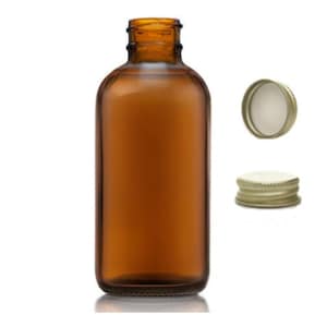 May include: An amber glass bottle with a rounded body and a short neck. Two metal caps are shown, one on the side and one on the bottom. The bottle is designed for storing liquids.