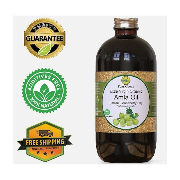 Organic Amla Oil - 100% Pure Extra Virgin (8oz Glass Bottle) - Indian Gooseberry Oil- Cold Pressed Best for Hair Growth and Moisturizing