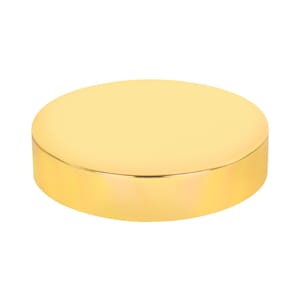 May include: A round, gold-coloured metal lid for a jar or container.