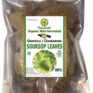 Puede incluir: Una bolsa de plástico transparente llena de hojas de guanábana secas verdes. La bolsa tiene una etiqueta que dice "Pure Glory Organic Wild Harvested Graviola/Guanabana Soursop Leaves". La etiqueta también incluye una pequeña imagen de una fruta de guanábana e instrucciones para preparar las hojas.