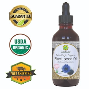 Puede incluir: Una botella de 60 ml de Aceite de Semilla Negra Org&aacute;nico Extra Virgen Pure Glory. La botella es de vidrio marr&oacute;n con un gotero negro. La etiqueta es blanca con texto negro y un logotipo verde. El texto en la etiqueta dice "Aceite de Semilla Negra Org&aacute;nico Extra Virgen" y "Comino negro/Nigella Sativa". La botella est&aacute; sobre un fondo blanco.
