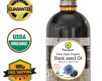 Aceite de semilla negra orgánico virgen extra Mejor alto contenido de timoquinona (botella de vidrio de 8 oz) Semilla de comino negro Kalonji Nigella Sativa