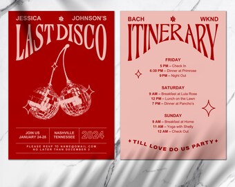 Last Disco Bachelorette Invitation: Modern Itinerary Template (Canva)
