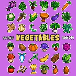 Clipart de verduras de Stardew Valley SDV, paquete de 36 PNG, pegatinas digitales, imágenes imprimibles, arte de píxeles, arte de 8 bits, arte de videojuegos, hoja de pegatinas