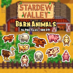 Stardew Valley SDV Scheunentiere Clipart, 36 PNG-Bundle, digitale Aufkleber, druckbare Bilder, Pixel Art, 8-Bit Art, Videospielkunst