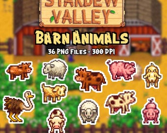 Clipart ze zwierzętami ze stodoły Stardew Valley SDV, pakiet 36 PNG, naklejki cyfrowe, obrazy do druku, sztuka pikselowa, sztuka 8-bitowa, grafika gier wideo