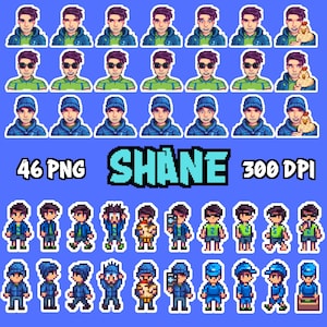 Stardew Valley SDV Shane Clipart, 46 PNG Bundle, autocollants numériques, Images imprimables, Pixel Art, Art 8 bits, téléchargement numérique, feuille d'autocollants