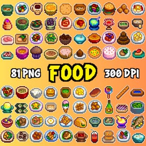 Clipart de comida SDV de Stardew Valley, paquete de 81 PNG, calcomanías digitales, imágenes imprimibles, arte de píxeles, arte de 8 bits, arte de videojuegos, hoja de calcomanías