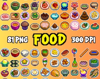 Clipart z jedzeniem Stardew Valley SDV, pakiet 81 PNG, naklejki cyfrowe, obrazy do druku, sztuka pikselowa, sztuka 8-bitowa, grafika gier wideo, arkusz naklejek