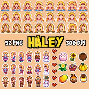 Stardew Valley SDV Haley Clipart, 52 PNG Bundle, autocollants numériques, Images imprimables, Pixel Art, Art 8 bits, téléchargement numérique, feuille d'autocollants