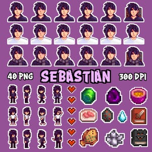 Stardew Valley SDV Sebastian-clipart, 40 png-bundel, afdrukbare afbeeldingen, pixelart, 8-bits kunst, digitale download, stickervel