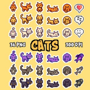 Stardew Valley SDV chats Clipart, lot de 36 PNG, autocollants numériques, images imprimables, Pixel Art, Art 8 bits, feuille d'autocollants, téléchargement numérique