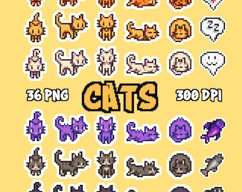 Clipart Stardew Valley SDV Cats, pakiet 36 PNG, naklejki cyfrowe, obrazy do druku, grafika pikselowa, grafika 8-bitowa, arkusz naklejek, pobieranie cyfrowe