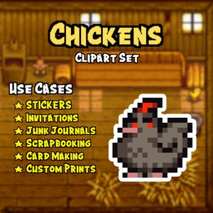 Może przedstawiać: Pixelowa ilustracja szarego kurczaka z czerwonym grzebieniem i brodą. Obrazek jest oznaczony jako "CHICKENS CLIPART SET" i zawiera listę zastosowań dla clipartu, w tym naklejki, zaproszenia, zeszyty do tworzenia, scrapbooking, tworzenie kart i wydruki niestandardowe.