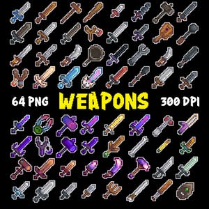 Stardew Valley SDV Waffen Clipart, 64 PNG-Bundle, digitale Aufkleber, druckbare Bilder, Pixel Art, 8-Bit Art, Videospielkunst, Sticker Blatt
