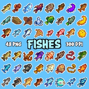 Stardew Valley SDV Fische Clipart, 48 PNG-Bundle, digitale Aufkleber, druckbare Bilder, Pixel Art, 8-Bit Art, Videospielkunst, digitaler Download