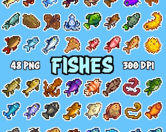 Clipart z rybami SDV ze Stardew Valley, pakiet 48 PNG, naklejki cyfrowe, obrazy do druku, grafika pikselowa, grafika 8-bitowa, grafika z gier wideo, pobieranie cyfrowe