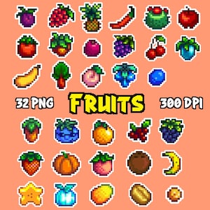 Stardew Valley SDV Fruits Clipart, 32 PNG Bundle, Adesivi digitali, Immagini stampabili, Pixel Art, Arte a 8 bit, Arte dei videogiochi, Pelican Town