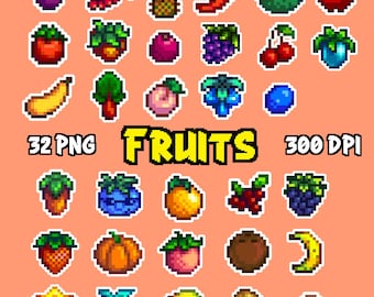 Clipart ze Stardew Valley SDV Fruits, pakiet 32 PNG, naklejki cyfrowe, obrazy do druku, grafika pikselowa, sztuka 8-bitowa, grafika gier wideo, Pelican Town