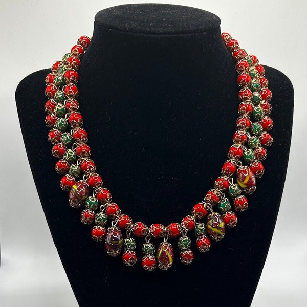 Stunning Early Miriam Haskell, Unmarked Circa 1930s-1940s.  Red, Green, Multi Colored Murano Glass Beads and Brass Filigree Findings