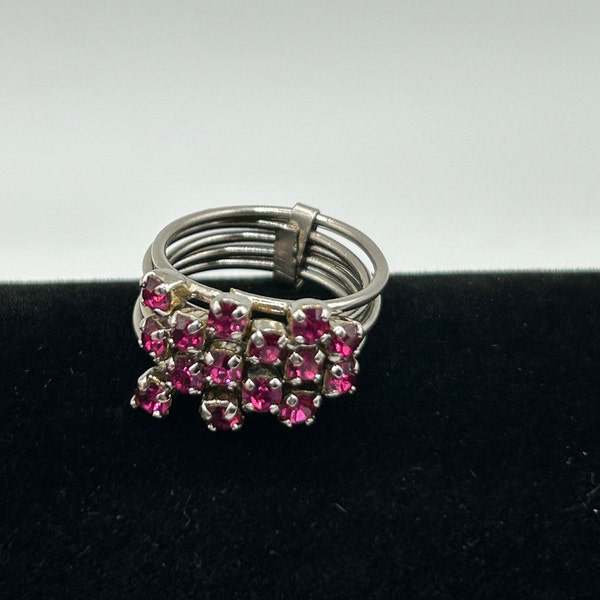 1970's Garnet Ring - 15 Garnets set in silver:  5 silver bands with 3 garnets each set in silver prongs