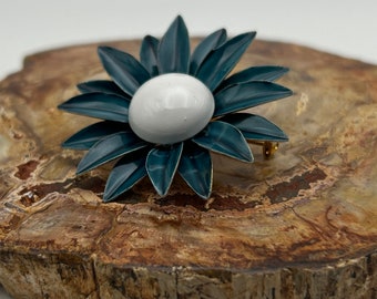 Original By Robert Daisy Brooch - Teal Enamel Petals with White Center - Circa Mid Century 1960s