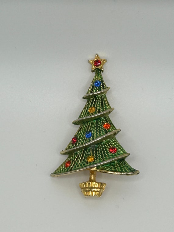 Mid-Century Holiday Tree Brooch with Rhinestones
