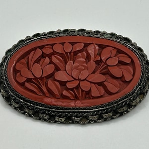 Vintage 1930s Chinese Carved Cinnabar Brooch - Floral Design With Peony