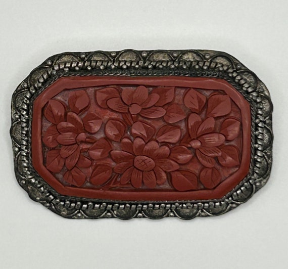 Vintage 1930s Carved Cinnabar Brooch - Marked Chi… - image 1