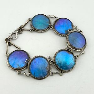 Antique Art Deco Blue Morpho Butterfly Wing Panel Link Bracelet - 900 Silver - Circa 1920s