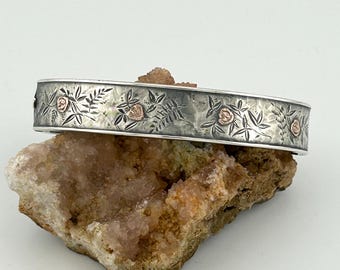 Brazalete victoriano de corazón – Pulsera floral de plata y oro rosa