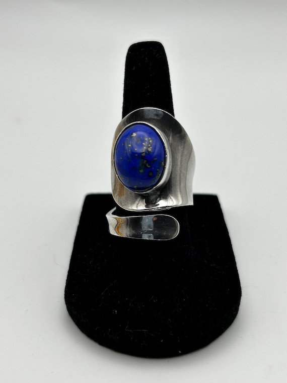 Vintage 1970s Lapis Lazuli Sterling Silver Ring - Handcrafted Boho Statement Ring - Shimmering Pyrite Southwestern Style - Size 8.5