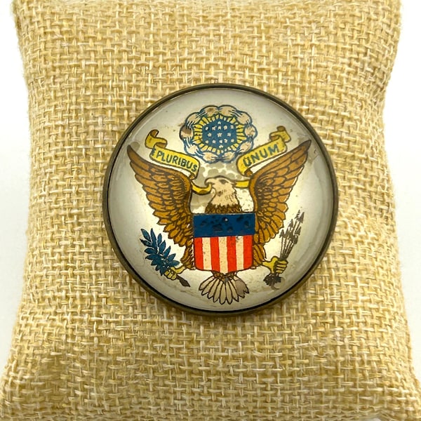 Antique WWI Cavalry Bridle Rosette Brooch - Great Seal Eagle E Pluribus Unum - Heavy Lead Filled Glass Dome - Patriotic Military Americana