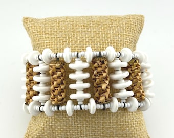 Vintage Miriam Haskell Wrap Bracelet - White Beads & Handwoven Raffia Embellishments - Memory Wire, Adjustable, Safety Chain - Circa 1950s