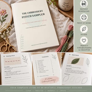 Puede incluir: Un libro de trabajo digital de bordado titulado The Embroidery Stitch Sampler con 40 puntadas esenciales. El conjunto incluye páginas de instrucciones para puntadas de hilván y satén, una tabla de contenidos y dos madejas de hilo de bordar.