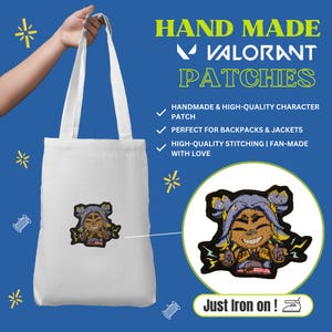 May include: A white tote bag featuring an embroidered patch of a cartoon character with purple hair and yellow lightning bolts. The text reads HAND MADE VALORANT PATCHES, HANDMADE & HIGH-QUALITY CHARACTER PATCH, PERFECT FOR BACKPACKS & JACKETS, HIGH-QUALITY STITCHING | FAN-MADE WITH LOVE, and Just Iron on!