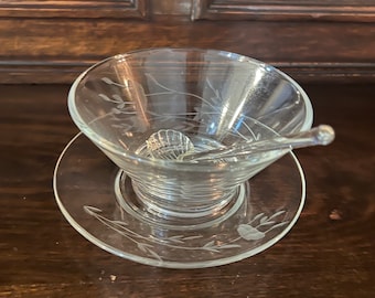 Vintage Princess House Heritage etched glass condiment bowl with under plate and glass spoon