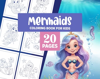 Mermaid Coloring Book Pages for Girls - Kids Coloring Pages, Easy to Color, Fun Kids Activity, Printable, Digital Download