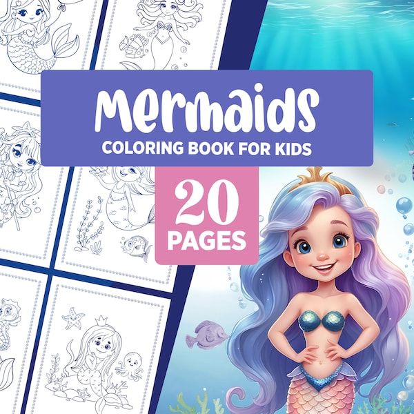 Mermaid Coloring Book Pages for Girls - Kids Coloring Pages, Easy to Color, Fun Kids Activity, Printable, Digital Download
