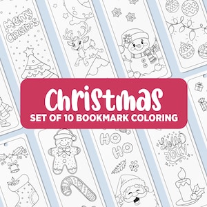 Set of 10 Christmas Bookmark Coloring Pages: Book Lover Gift, DIY Bookmarks for Bookish, Christmas Prints, Digital Download