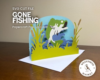 釣りに出かけました | ポップアップ カード SVG | Cricut カット ファイル テンプレート | 3D ボックス カード