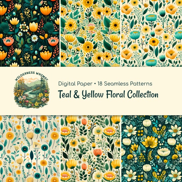 Digital Paper • 18 Seamless Patterns • Teal and Yellow Floral Collection