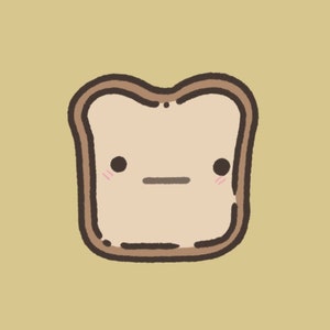 Puede incluir: Una ilustración de dibujos animados de una rebanada de pan con una expresión facial neutra. El pan es marrón por fuera y blanco por dentro. El pan tiene dos pequeños ojos negros y una pequeña boca negra.