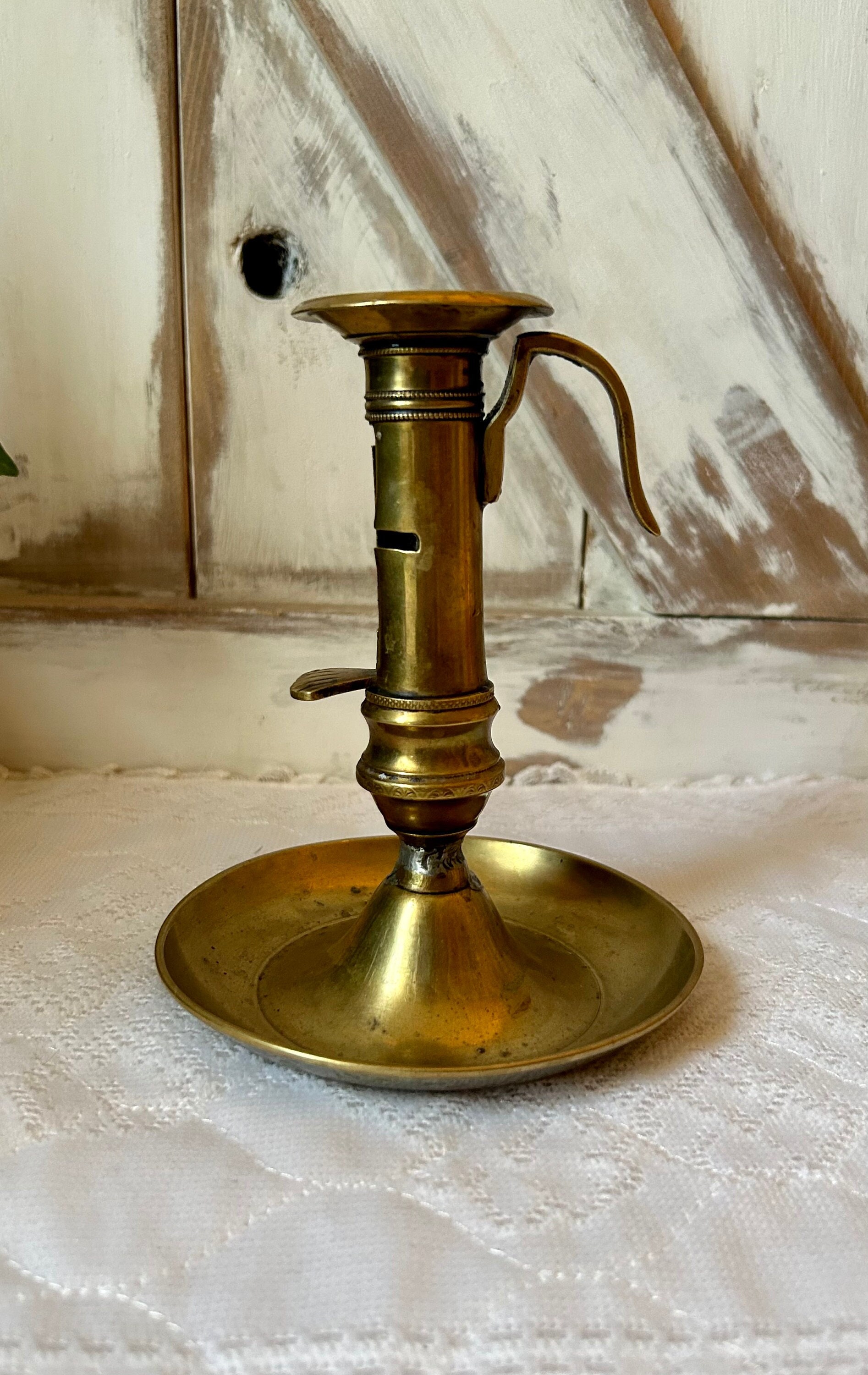 19th century brass chamber stick,antique candle holder,metal,taper  candle,England